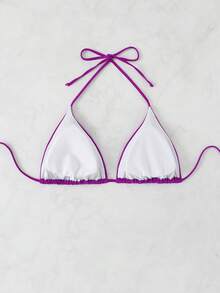 Slaydiva Top de bikini de triángulo con nudo de amarre en el cuello, unicolor, talla grande - Morado - Ver 8