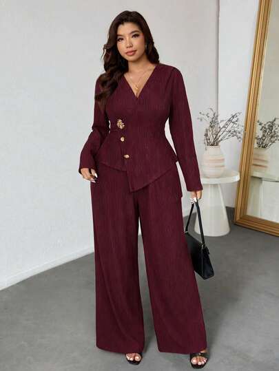 SHEIN PETITE CURVE Autumn And Winter Women's Fashion Casual Solid Color Textured Metal Buckle Strap Asymmetrical Slit And Pants Suit, Fashionable Outing, Women's Office Wear, Work/Office Office Outfits For Women Set Two Piece Set Women Elegant