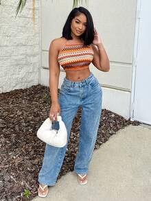 Geo Print Tie Backless Crop Halter Top Spring Break Crop Women Tops - Multicolor - View 3