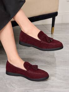 Sleekvia Casual Versatile Commuting Fringe Decor Flat Loafers - Burgundy - View 4