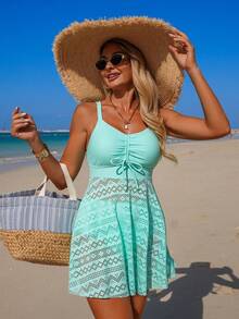 Swim Lushoire Green Lace Tummy Control Tankini Swimsuit. The Top Features A Deep V-Neck With Drawstring, The Bottom Has A Lace Hollow-Out Skirt To Conceal The Waist And Abdomen, Combining Sexiness And Modesty. Elegant And Mature Style. - Green - View 4