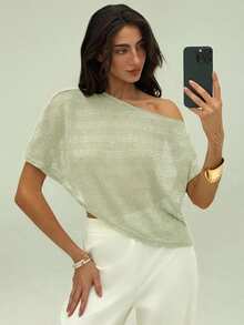 Aloruh Women's Solid Color Asymmetric Collar Casual Versatile Short Sleeve Top - Green - View 6