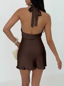 Aloruh Draped Neck Backless Tie-Back Mini Brown Satin Dress - Brown - View 2