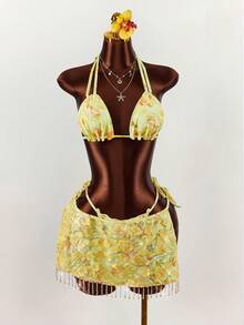 Amplova 3pcs Women's Sequin Embroidered Sexy Swimsuit Set, Fashionable For Vacation, Shiny Yellow - Multicolor - View 4