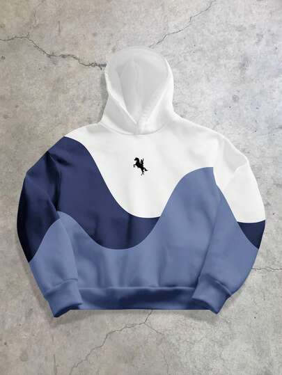 StoneGrade Sudadera holgada con capucha de color contrastante con estampado de caballo para hombre, otoño