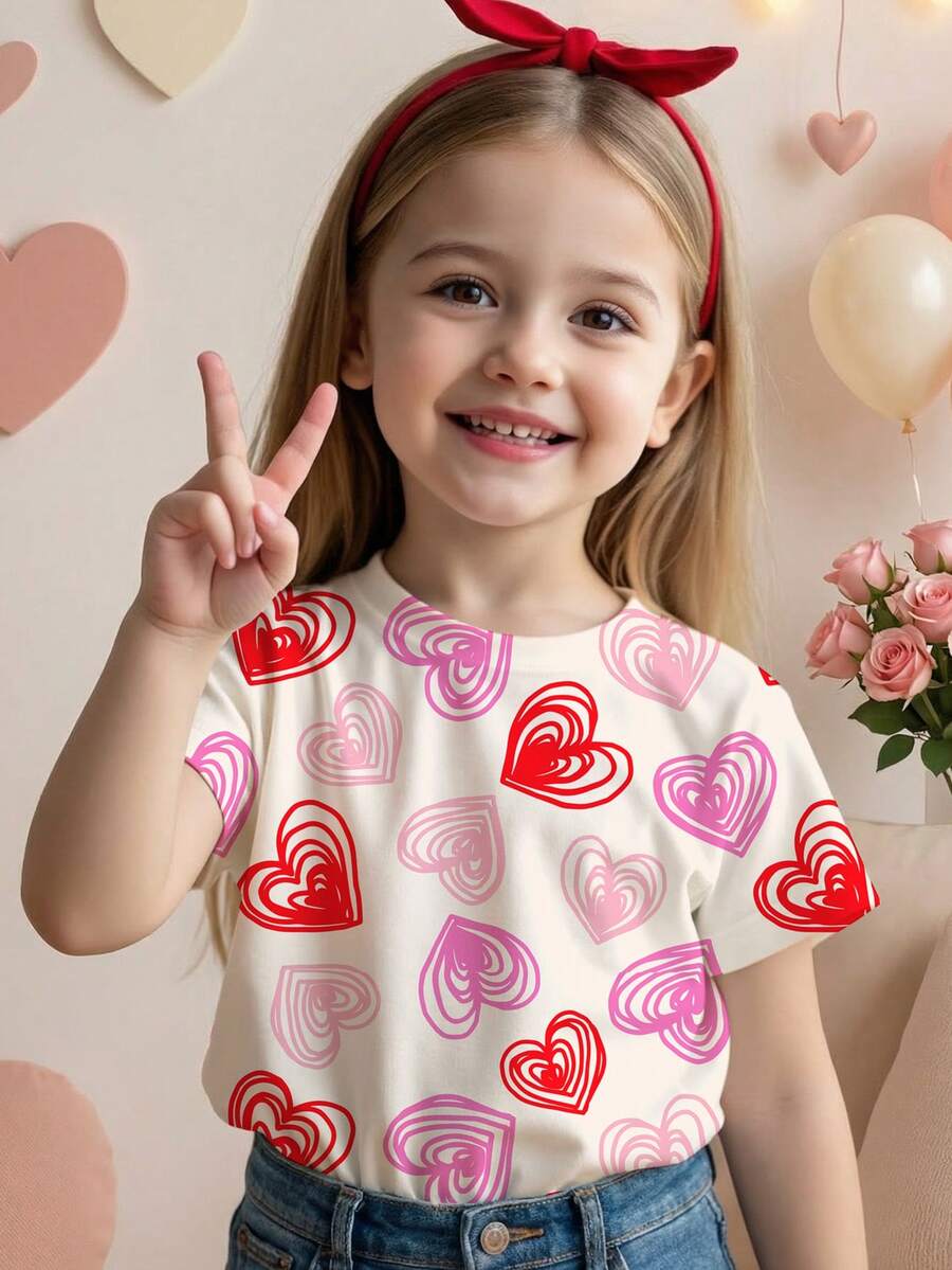 SHEIN 1pc Young Girl Casual Heart Print Sweet Fashion Round Neck Short Sleeve T-Shirt, Suitable For Summer - Multicolor - View 1