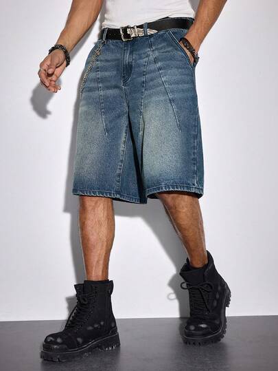 ROMWE MEN Street Life Men's Casual Loose Fit Pockets Denim Shorts