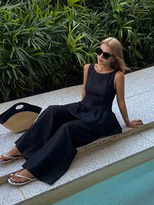 DAZY Women's Round Neck Sleeveless Ruffle Hem Denim Top And Loose Straight Leg Jeans Casual Suit - Dark Grey - View 6