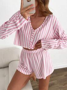SHEIN Set da casa e tempo libero da donna in cotone, composto da 2 pezzi: top a maniche lunghe con scollo a V e bottoni, a righe rosa e bianche, e pantaloncini coordinati - Rosa - Visualizzare 6