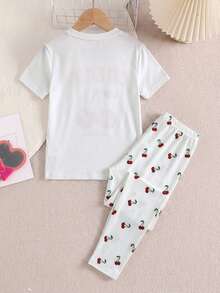 SHEIN Tween Girl Cartoon Print Snug Fit Short Sleeve & Long Pants 2 Pieces Casual Knit Pajama Set - Multicolor - View 3