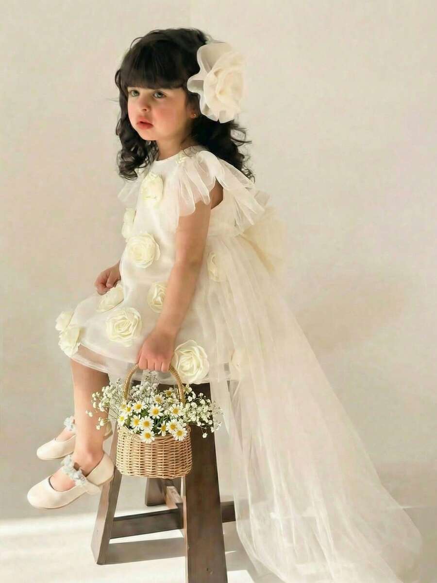 SHEIN Elegant & Cute Apricot Floral Organza Short Sleeve Dress - Multicolor - View 1