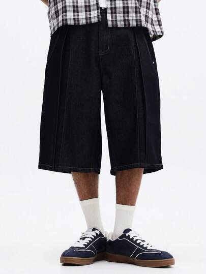 SUMWON Men's Oversized Denim Shorts With Relaxed Loose Fit Dark Wash Casual Summer Bermuda Style Knee Length Cotton