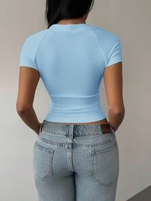 SHEIN BASICS Solid Color Knit Convertible Collar Fitted Cropped Women Top/Summer - Blue - View 3