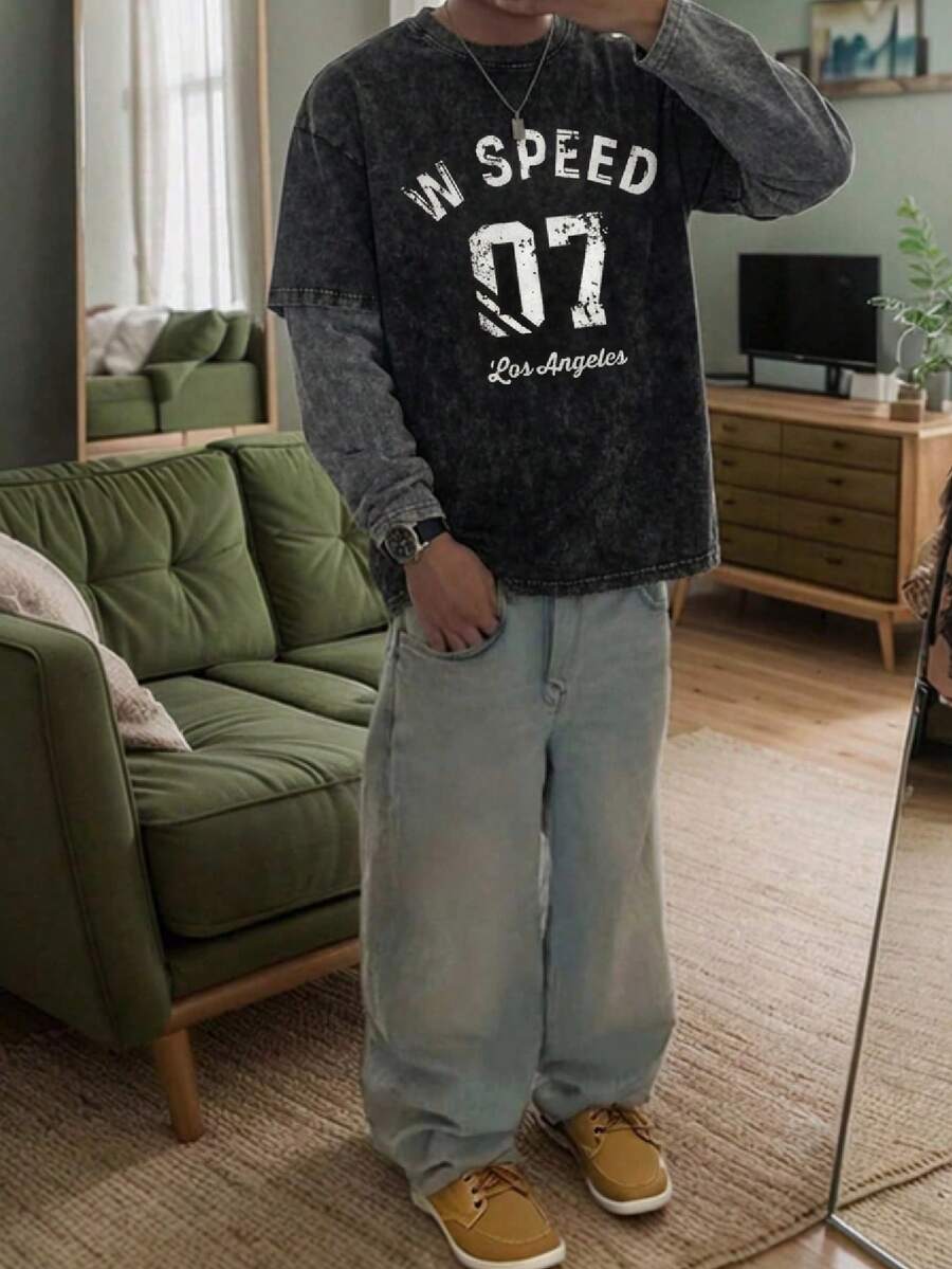 Manfinity Unisex Camiseta de manga larga casual para hombre, cuello redondo, estampado de agua, parche de copos de nieve, contraste de color, camiseta gráfica de lavado ácido de primavera/otoño, camiseta vintage de motorsport extraño, camiseta Dios velocidad, jersey F1 de manga larga, camisetas gráficas de manga larga de streetwear, sudaderas holgadas para hombre de los 90, XXXL, coordinados 3XL, jeans oversize, St. Patrick's Day - Negro - Ver 1