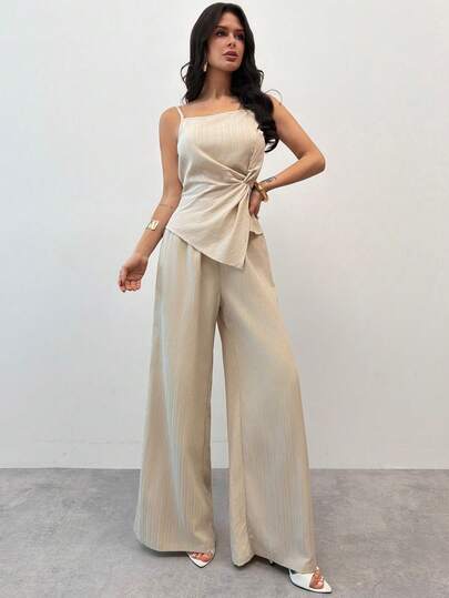 Firerie 2pcs/Set Women's 2025 Spring/Summer New Ruched Waist Linen Top And High Waist Linen Wide Leg Pants, Suitable For Music Festivals, Elegant Commuting, St. Patrick's Day Celebrations, Western Style, Nomadic Style, Birthday Parties, Graduation Season, College Style, Student Wear, Casual Daily, All-Match Versatile, Leisure Vacation, Cruise Travel, Beach, Sunbathing, Influencer, Streetwear, Wedding Guest Boho, Commuter Outfit, Brunch, Airport Looks, Beige Linen 2-Piece Set