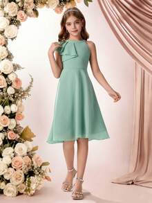 Pitira Vestido de dama de honor de gasa verde sólido con volantes en los hombros y la cintura, con silueta evasé hasta la rodilla, adecuado para niña de las flores, temporada de bodas, Día de San Valentín, fiestas, cumpleaños, festivales de primavera y otras ocasiones - Verde - Ver 6