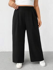 SHEIN Essnce 大码女装春夏时尚休闲宽松舒适日常百搭显瘦纹理面料黑色弹力腰阔腿裤，春季穿搭，简约风格，宽松裤，打底裤，女式下装，欧洲夏季 - 黑色 - 查看 6