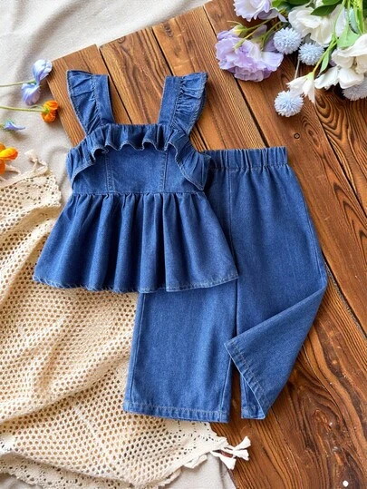 Baby Girls' Blue Washed Casual Fitted Denim Vest Top & Relaxed Straight Leg Jeans With Elastic Waistband, Lightweight Soft Cotton Denim, Essential Wardrobe For Fashionable Girls, Suitable For Spring/Summer, Minimalist Stylish Daily, Outdoor Or Party Wear, 2026 Summer New Arrival