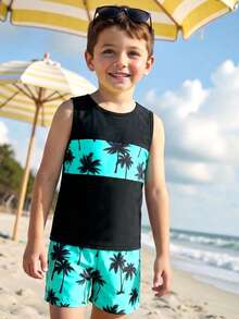Young Boy Coconut Tree Print Swimwear Tank Top And Shorts Set, Top With Placement Print, Bottom With Random Print - Multicolor - View 1