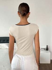 Siren Gaze Women's Hollow Design Asymmetric Collar Cap Sleeve Fashion T-Shirt - Apricot - View 2