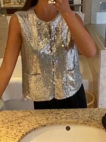 DAZY Women's Casual Sleeveless Round Neck Vest With Large Pockets - Silver - View 6