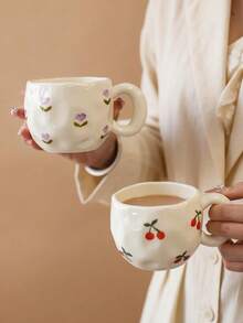 1pc Ins Style Hand-Painted Cherry & Strawberry Ceramic Cup, Asymmetrical Embossed Body, Breakfast Coffee Mug, Girly Desktop Water Cup, Party Afternoon Tea Cup, Red Tea Cup, Large Capacity Water Mug, Coffee Cup - Multicolor - View 2