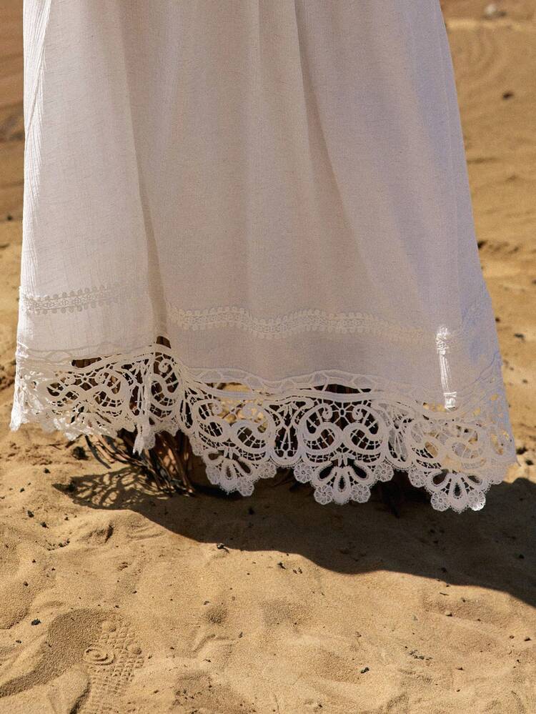 WOMEN'S LINEN PLEATED & LACE PATCHWORK ROMANTIC A-LINE SKIRT, SPRING/SUMMER
