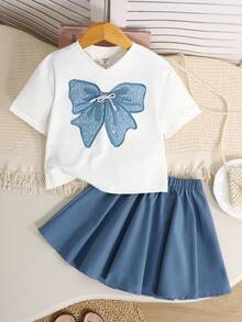 SHEIN 两件套女童蝴蝶结装饰短袖T恤和裙子，休闲日常时尚百搭套装 - 藍白色 - 查看 6