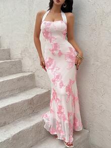 Sunnyshic 女士酒红色露背修身长款鱼尾连衣裙，奢华刺绣，优雅迷人，适合婚礼、派对、宴会、海滩、夜店、约会、秋季、情人节、圣诞节等场合。 - 淺粉色 - 查看 5