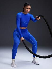 Powerista 女士高腰撞色滚边塑身健身训练紧身裤 - 寶藍色 - 查看 6