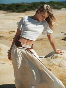 MOTF STUDIO WOMEN'S RUFFLE SLEEVE STUDDED CROPPED KNIT T-SHIRT - White - View 4