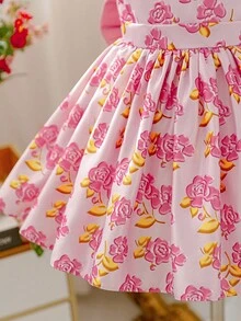 Glamorique Kids Mädchen Blumen Muster V-Rücken Satin Kleid mit 3D Schleife, elegantes aufgeblähtes Prinzessin Partykleid für Blumenmädchen, Hochzeit, Bankett - Pink - Übersicht 6
