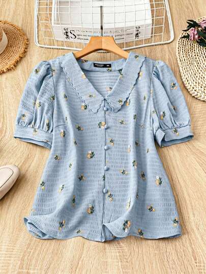 Mulvari Plus Size Women's Casual Vacation Ditsy Floral Bubble Short Sleeve Textured Fabric Shirt