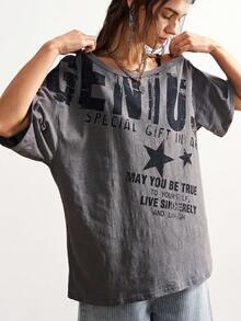 Bohemela 休闲纯色针织不对称领短袖宽松女式T恤，灰色大字母图案T恤，夏季款 - 軍綠色 - 查看 8