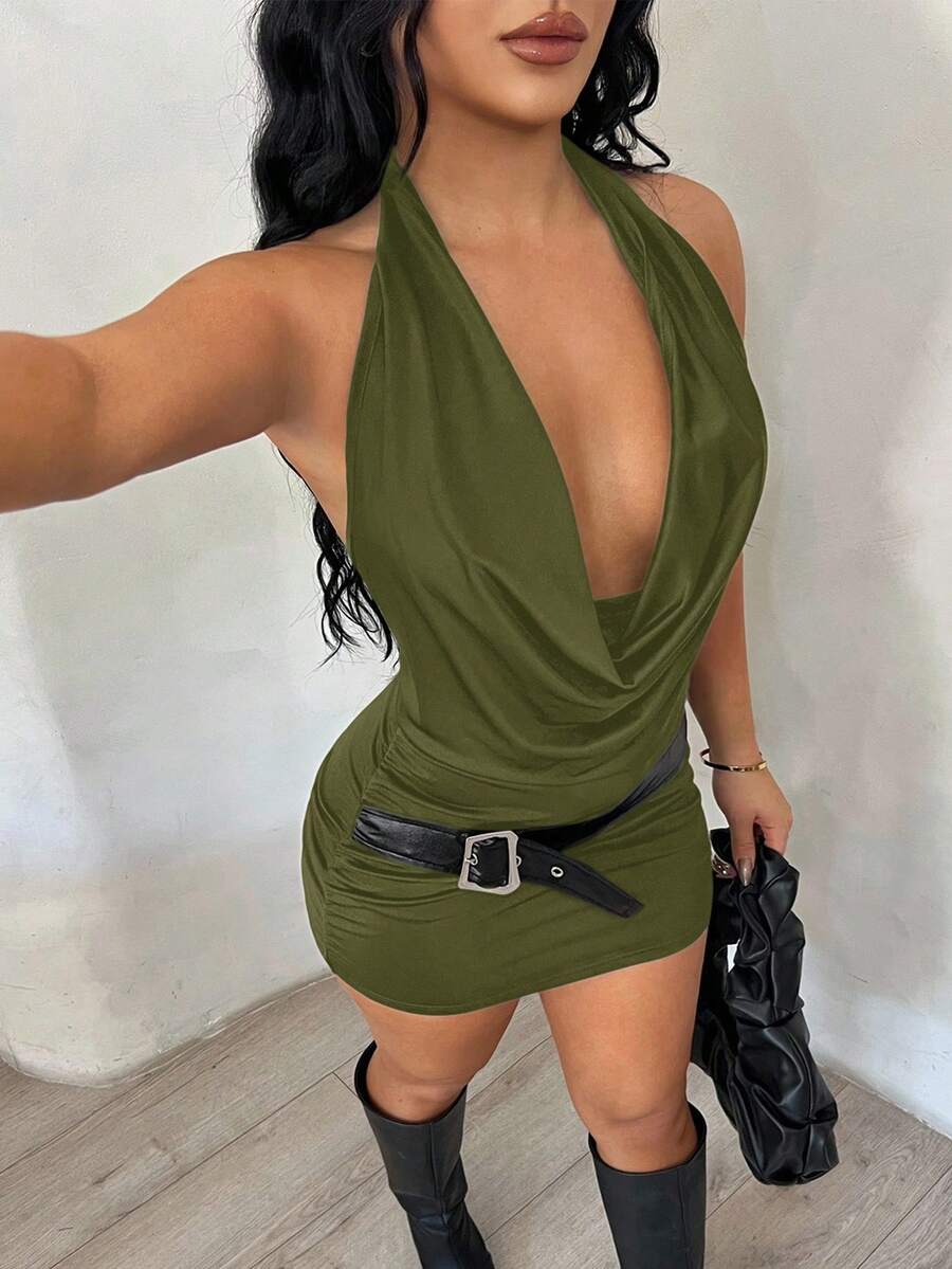 SHEIN SXY 优雅性感深V露背迷你连衣裙 - 軍綠色 - 查看 1