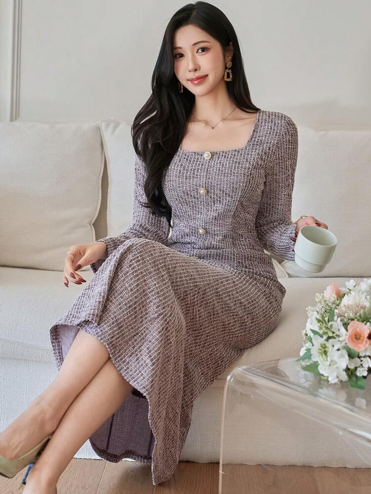 Women's Elegant Textured Square Neck Fishtail Dress, Spring/Summer Wedding Guest Dress Sundress