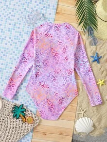 Teen Girls' Casual Minimalist Iridescent Lavender Leopard Print One-Piece Swimsuit, Suitable For Casual, Vacation, Surfing In Summer - Multicolor - View 2