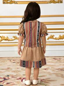 SHEIN Baby Girl Geometric Print Puff Sleeve Shirt Top And Skirt Casual Outfit, Suitable For Daily Wear And Gatherings - Multicolor - View 2