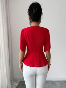 Rafferiza Red Chiffon V-Neck Cinched Waist Top/Puff Sleeve Unique Design Vintage Elegant Slim Fit Blouse For Women - Red - View 2