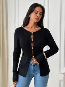 SHEIN Ribbed Knit Button-Front Spring Cardigan With Slim Fit Silhouette, Long Sleeves And Chic Minimalist European Style - Black - View 1