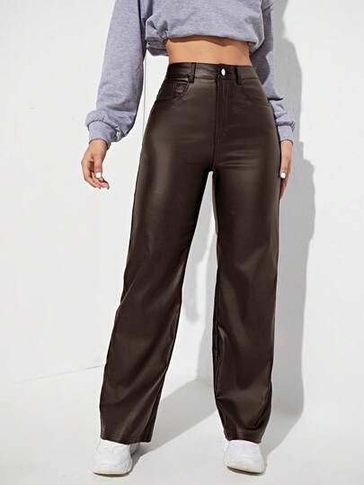 Jeanoix Pantalones anchos de ajuste holgado y casual de unicolor de piel de PU con bolsillos para mujer