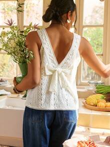 Freevana 波西米亚复古镂空钩编背心，奶油白色露背蝴蝶结无袖上衣，夏季宽松休闲小众设计上衣 - 杏色 - 查看 3