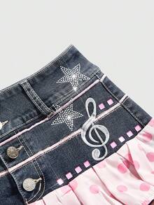 ROMWE J-Fashion Y2K Abby Hot Girl-Inspired Pink Polka Dot & Music Note Embroidered Super Low-Rise Mini Skirt - Blue - View 3