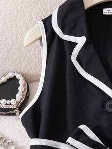 SHEIN 2pcs/Set Older Girls' Commuting Minimalist Sleeveless Vest Jacket+Pants,Black And White Summer Farewell,With Belt,Contrast Button,Loose Straight Leg - Black - View 4