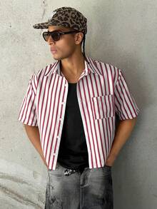 STEELVANCE 男士条纹纽扣领短袖衬衫，休闲翻领衬衫，适合上学、工作、街头穿着 - 紅色 - 查看 1