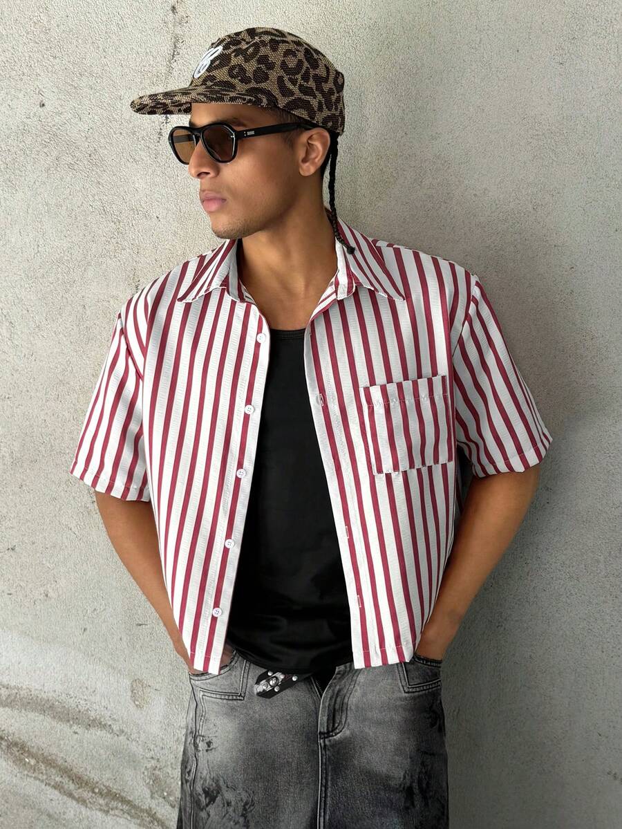 STEELVANCE 男士条纹纽扣领短袖衬衫，休闲翻领衬衫，适合上学、工作、街头穿着 - 紅色 - 查看 1