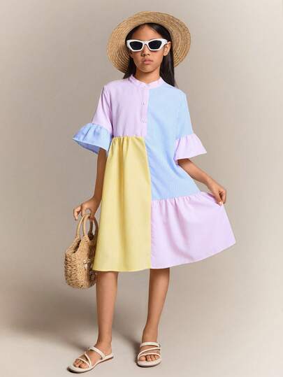 Radiana 青少年女孩度假休闲梭织拼布衬衫裙