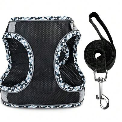 A Set Of Breathable, Reflective, Checkered Harness And Leash For Small Dogs. Suitable For Both Cats And Dogs, For Indoor And Outdoor Use.