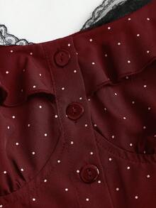 Sweetra Women's Lace Patchwork Ruffle Hem Polka Dot Sexy Low-Cut Waist Exposed Shoulder Backless Blouse, Suitable For Spring, Summer, Autumn, Winter - Burgundy - View 3