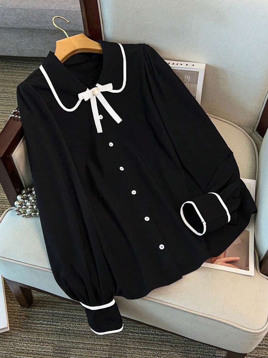 GlowEve CURVE Plus Size Women's Bow Decor Long Sleeve Elegant Office Shirt Peter Pan Collar Blouse Preppy Tops Black And White Blouse Bow Shirt Cute Blouses - Black - View 1
